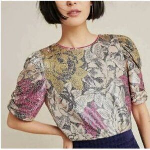 By Anthropologie Tan, Dark Pink & Black Floral Sequin Short Sleeve Shirt, Size 4